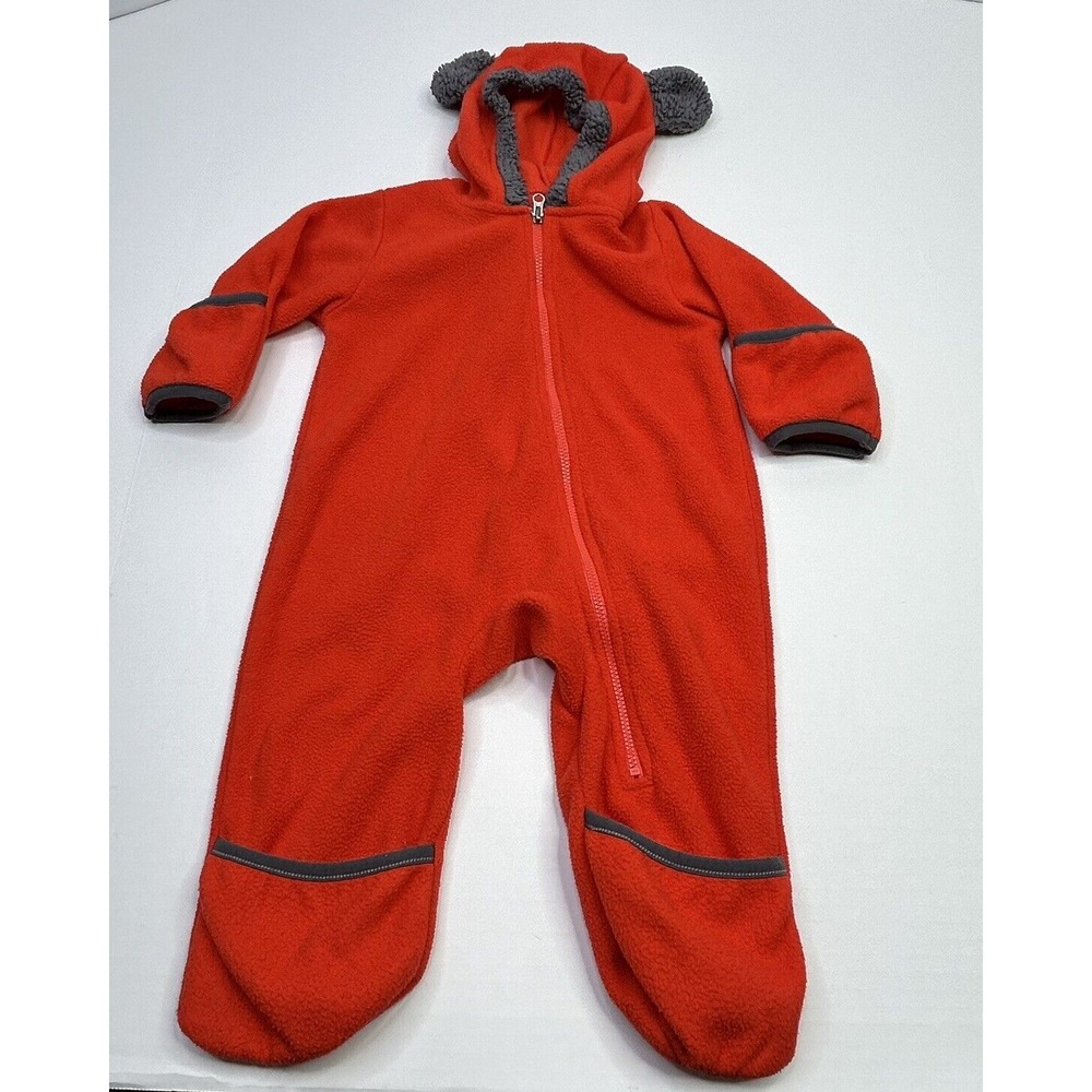 Cuddle Club Fleece One Piece Romper w/ Ears  Infant Baby 6-12 Months Orange Gray